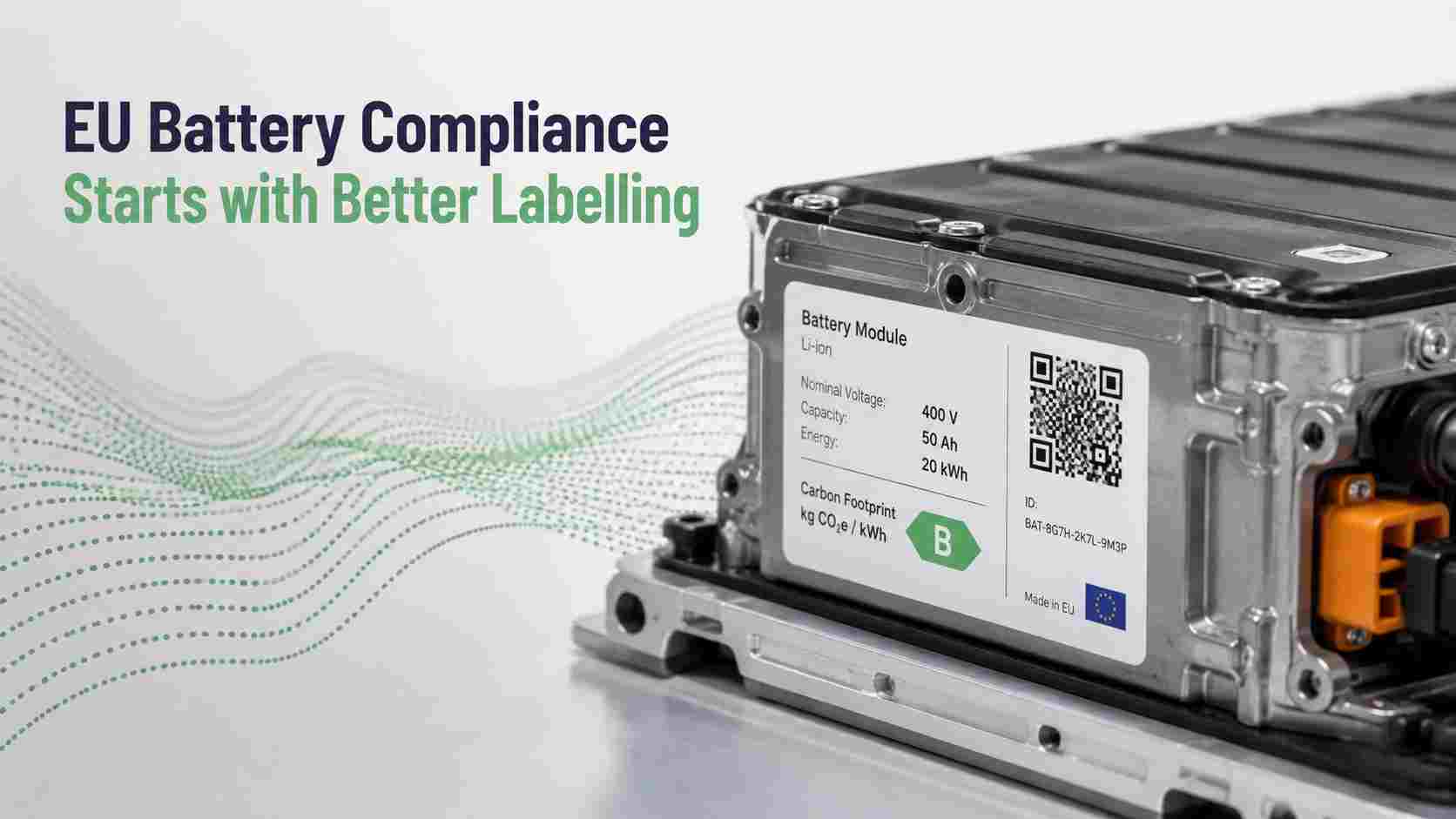EU-Batteriekonformitätsetikett mit QR-Code auf Industriebatteriemodul zur Vorbereitung auf die EU-Batterieverordnung