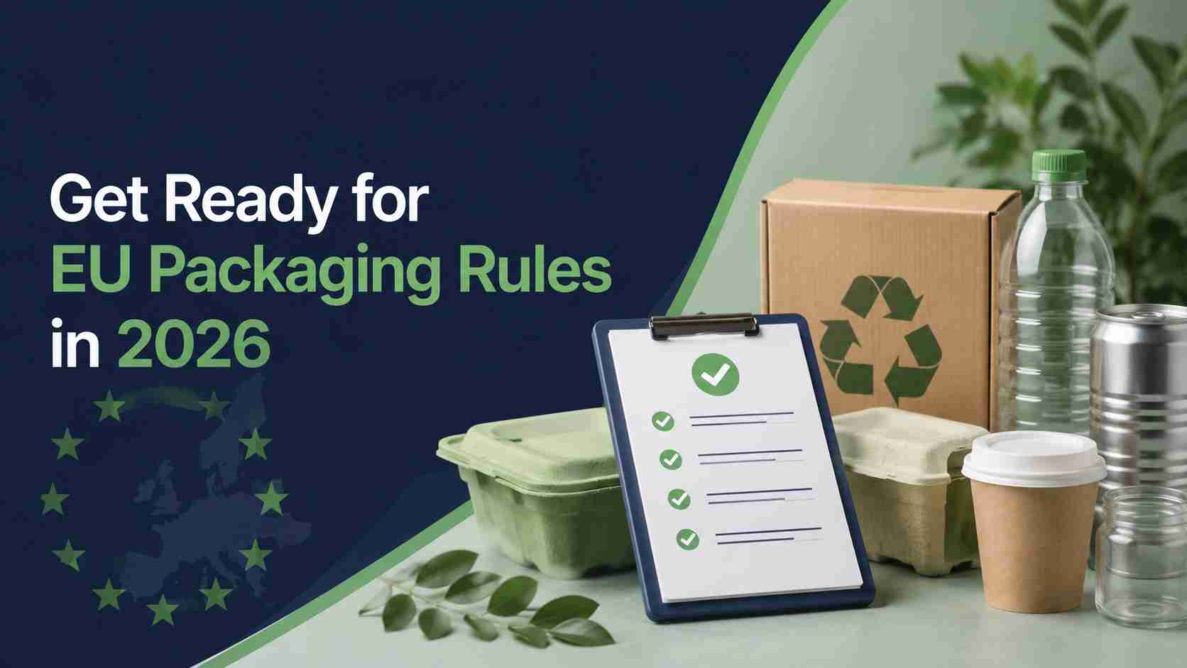 Banner zur EU-Verpackungskonformität mit recycelbaren Kartons, Öko-Materialien und einer Checkliste für die PPWR-Bereitschaft im Jahr 2026
