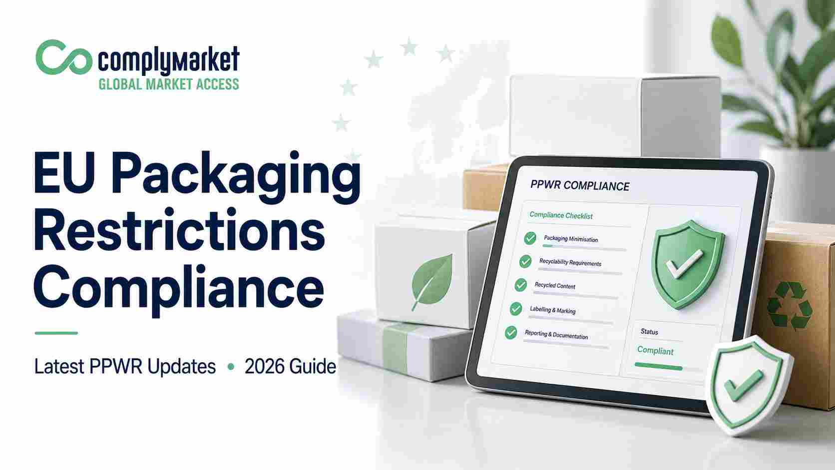 Leitfaden zur Einhaltung der EU-Verpackungsbeschränkungen PPWR 2026 mit ComplyMarket-Logo, Verpackungskartons, Checklisten-Dashboard und Compliance-Schild