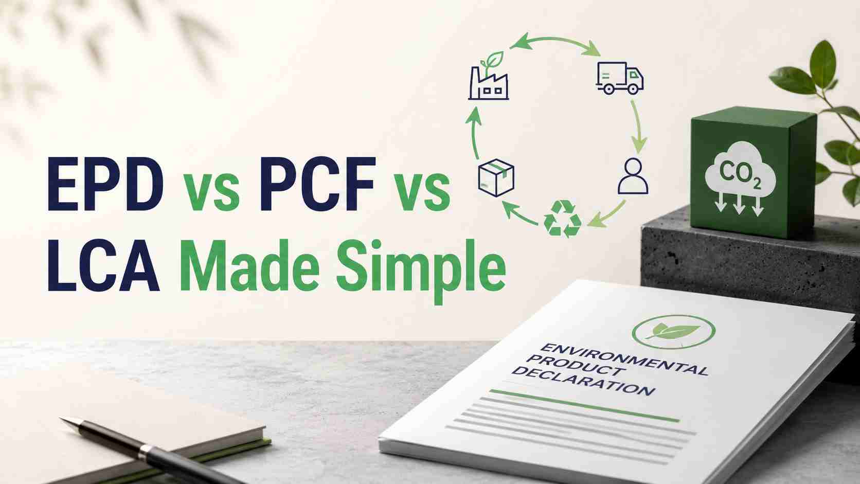 EPD vs. PCF vs. LCA-Blogbanner mit Produktnachhaltigkeitsdaten, CO2-Fußabdruck, Ökobilanz und Umweltnachweisen