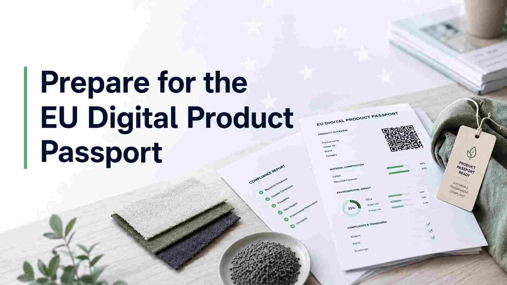 Digitale EU-Produktpassdokumente mit QR-Code, Compliance-Bericht und nachhaltigen Materialproben für die Produktkonformität.