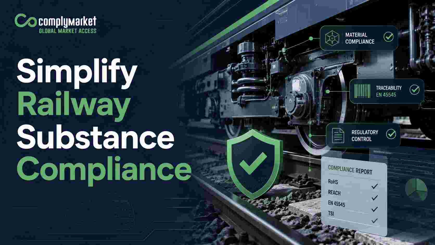 Railway substance compliance service visual with train, audit checklist and regulatory compliance icons