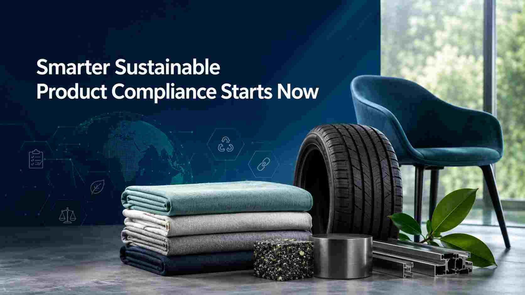EU ESPR 2025-2030 product compliance dashboard with sustainable materials, textiles, tyres, furniture and metal components