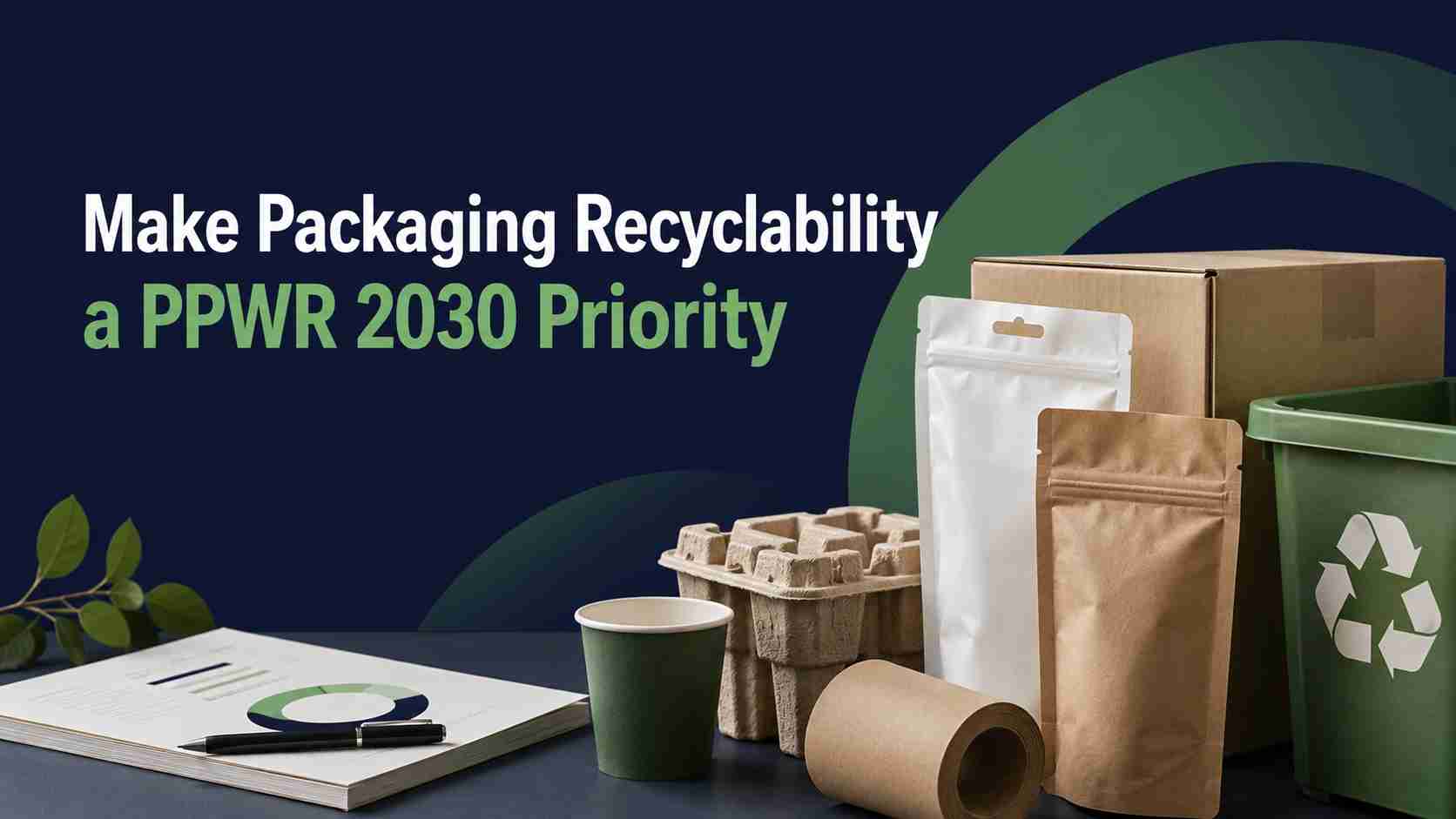 PPWR recyclability readiness visual with sustainable packaging, recycling icons and technical documentation for EU market access