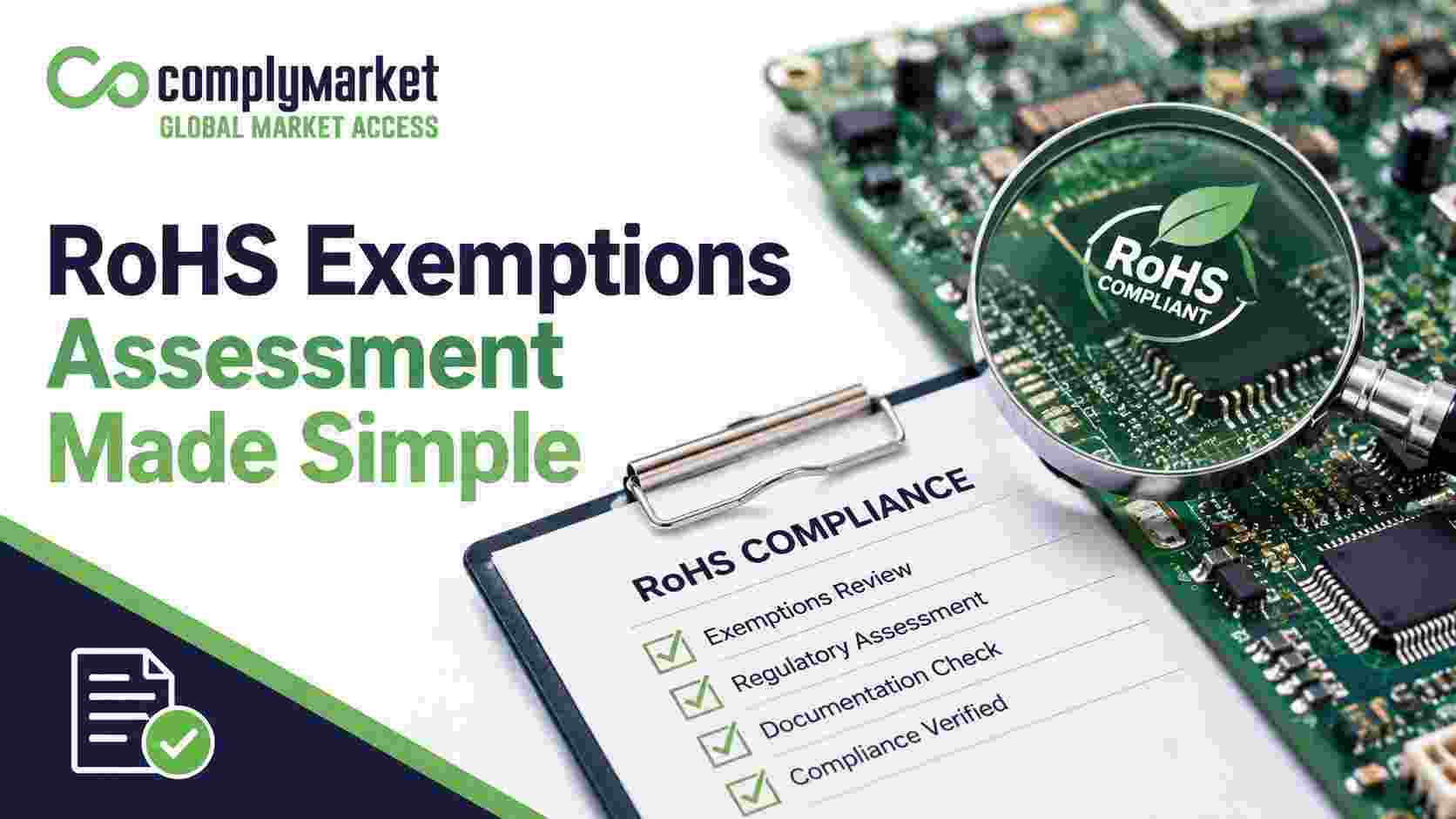 RoHS Exemptions Assessment checklist with circuit board and compliance documentation for EU product compliance