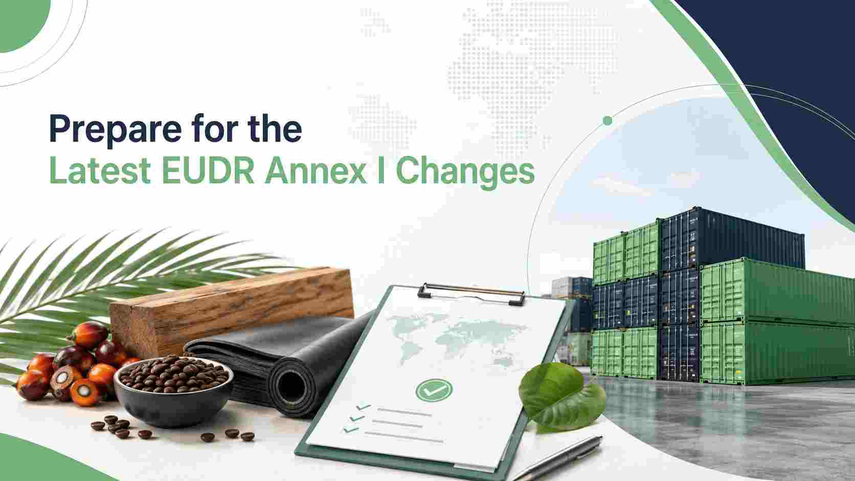 EUDR Annex I compliance banner with supply chain documents, coffee, palm oil, rubber, wood and cargo containers