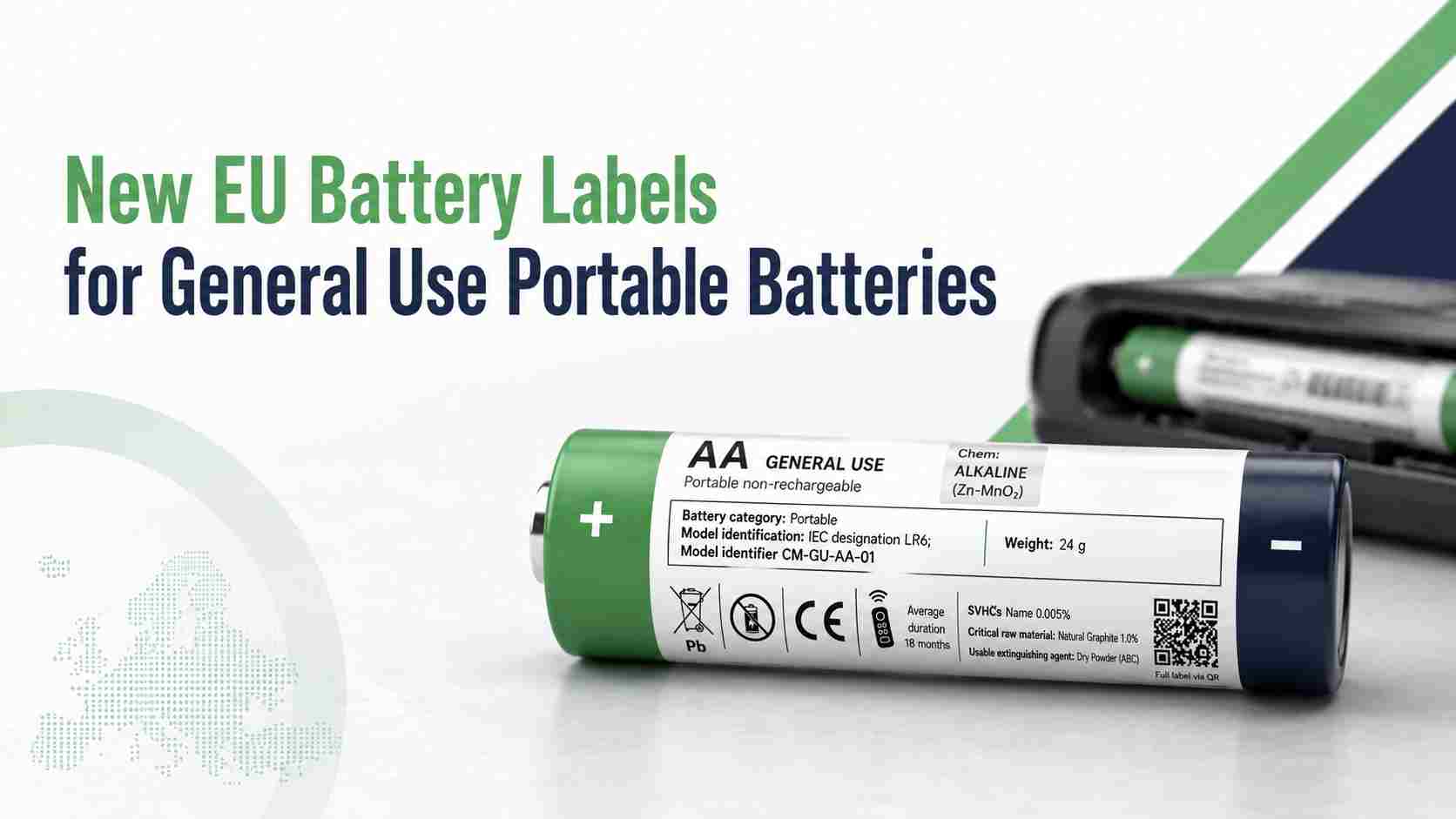 Banner image of an AA portable battery illustrating new EU battery label requirements for general use portable batteries